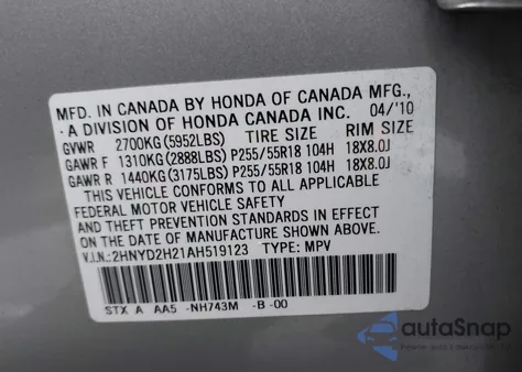 2010 Acura Mdx from USA, damaged, VIN 2HNYD2H21AH519123